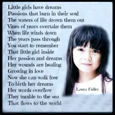 a little girl with a poem written to the photo of Walk Free To Birth Your Dreams.