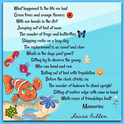 poem memories by laura blue water background with fish