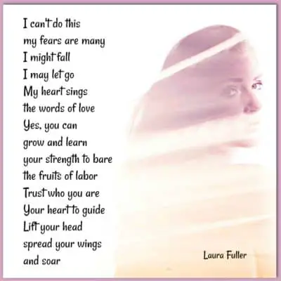 a girl looking back with a white scarf on with poem Will you fly from fear to power