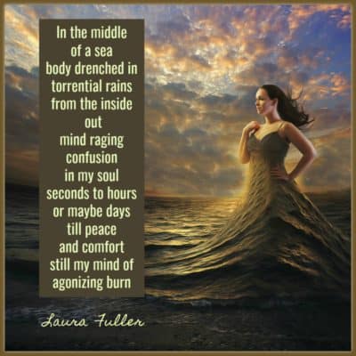 A woman wears the ocean as a dress. finding peace in the midst of a storm