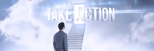 take action with a man looking up stairs